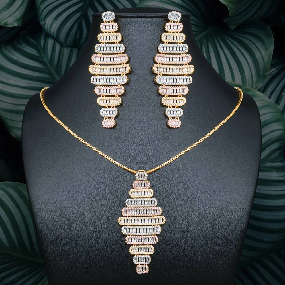 ModemAngel Luxury Ladder Shape Dangle 3A Cubic Zirconia Gold Color 3Tones Copper Pendant Necklace Earrings Women Fashion Jewelry
ModemAngel Luxury Ladder Shape Dangle 3A Cubic Zirconia Gold Color 3Tones Copper Pendant Necklace Earrings Women Fashion Jewelry