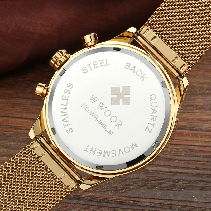 WWOOR мужские золотые часы Кварцевые водонепроницаемые наручные с хронографом 50 м
