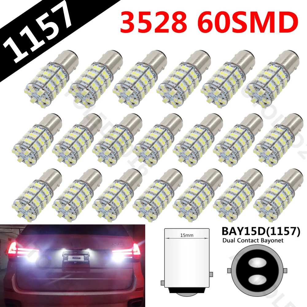 20pcs BAY15D 1157 LED 60 SMD 3528 LED Bulbs White Super Bright Car Auto Tail Stop Brake Lights Replacement Turn Signal Lamps
20pcs BAY15D 1157 LED 60 SMD 3528 LED Bulbs White Super Bright Car Auto Tail Stop Brake Lights Replacement Turn Signal Lamps