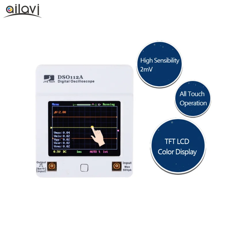 DSO112A TFT Pocket Type Digital Oscilloscope 2MHz Bandwidth 5Msps All Touch Screen Portable USB Interface Oscilloscope
DSO112A TFT Pocket Type Digital Oscilloscope 2MHz Bandwidth 5Msps All Touch Screen Portable USB Interface Oscilloscope
