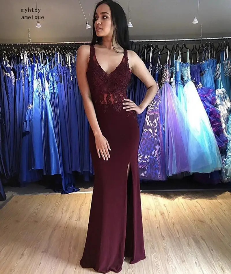 Burgundy Deep Sexy Lace Applique Crystal Beaded Floor Length Mermaid Side Slit Chiffon Evening Dresses Party Prom Gown Cheap
Burgundy Deep Sexy Lace Applique Crystal Beaded Floor Length Mermaid Side Slit Chiffon Evening Dresses Party Prom Gown Cheap