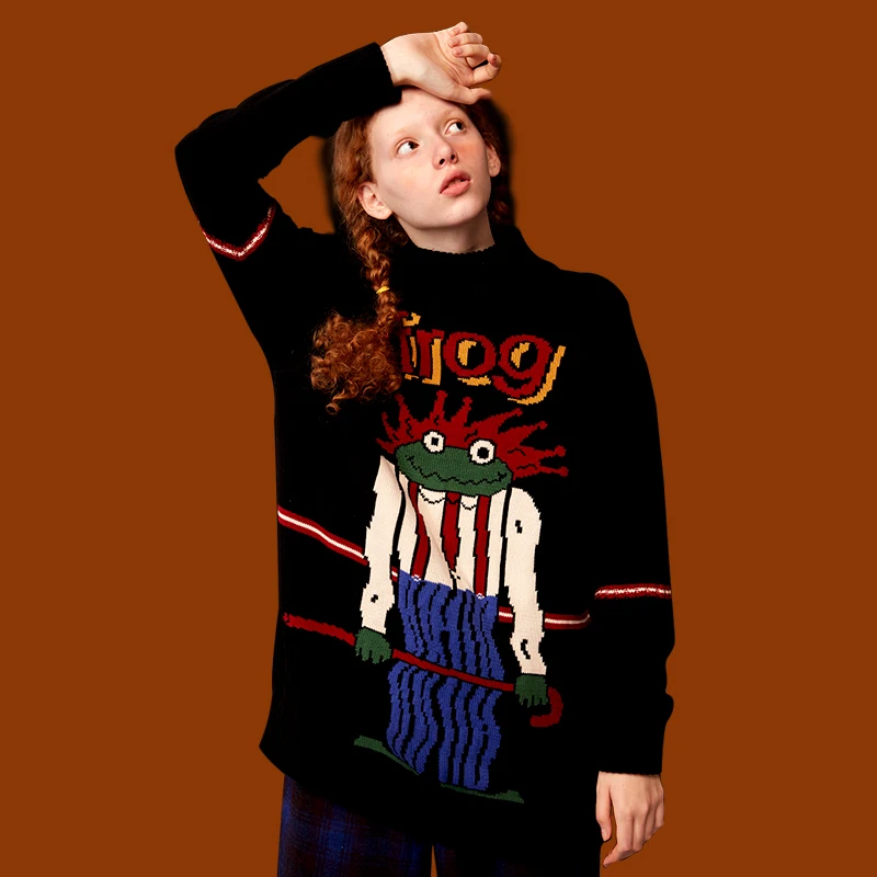 Winter Thick Warm Pullover Knitwear Women Ugly Frog Jacquard Black Sweater 2017 New Design Harajuku Original Female Knitted Tops
Winter Thick Warm Pullover Knitwear Women Ugly Frog Jacquard Black Sweater 2017 New Design Harajuku Original Female Knitted Tops