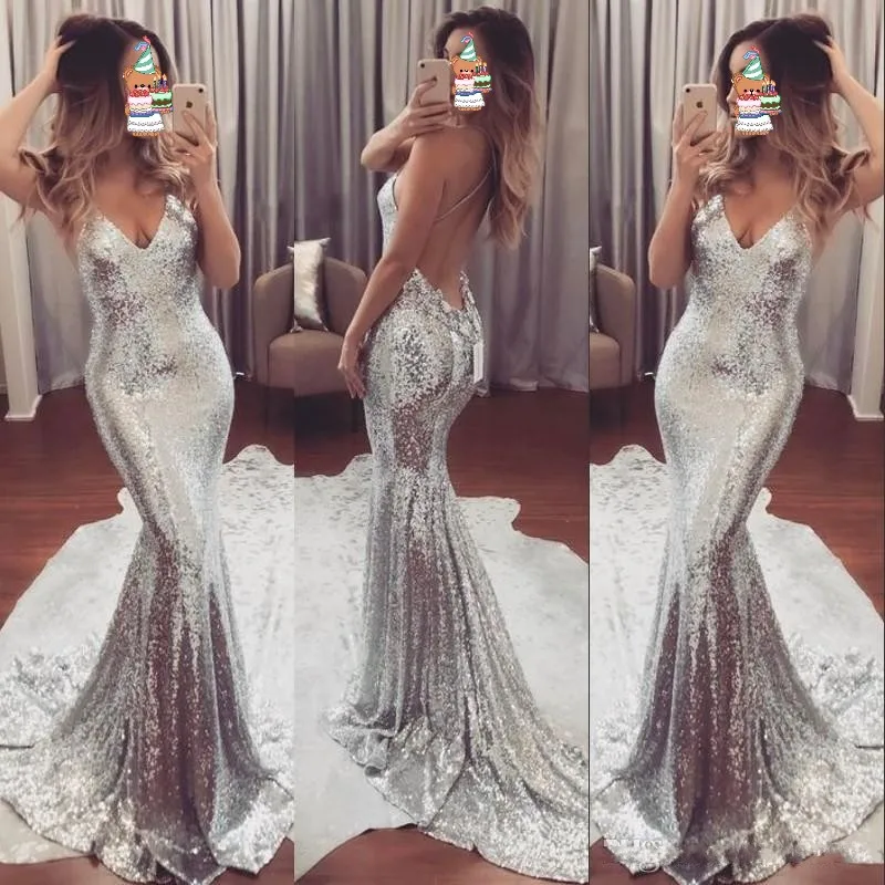 

Bling Evening Dress Sequins abendkleider vestidos de festa Sexy Long Evening Gown avondjurken gala jurken Evening Dresses Silver