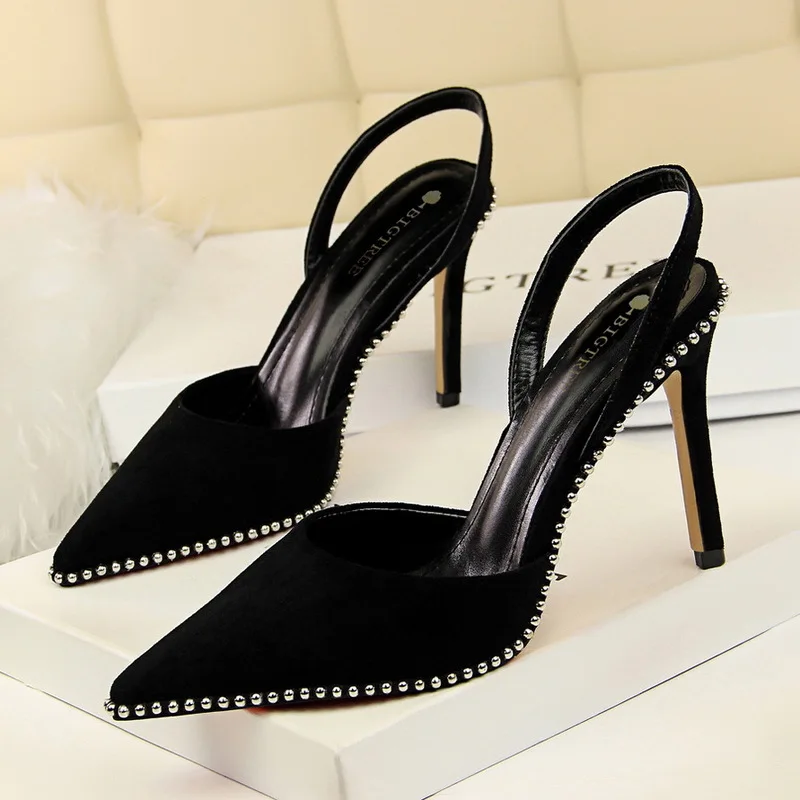 

BIGTREE Women Pumps Office Lady Pointed Toe Flock Sexy Back strap rivet 9cm thin High Heels Wedding Shoes Fashion Office