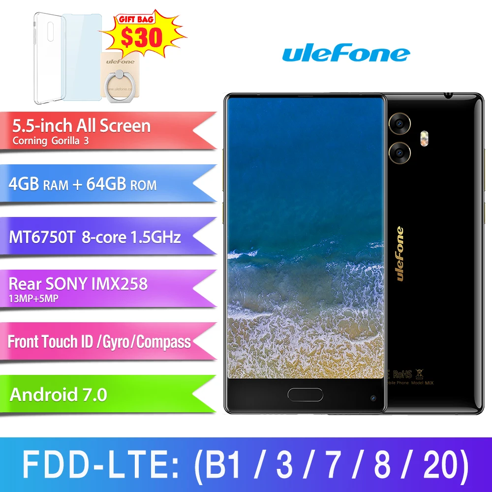 Ulefone Mix 5 "FHD все Экран 4 ГБ 64 Android 7 0 мобильный телефон MT6750T Octa Core г LTE 13MP двойной
