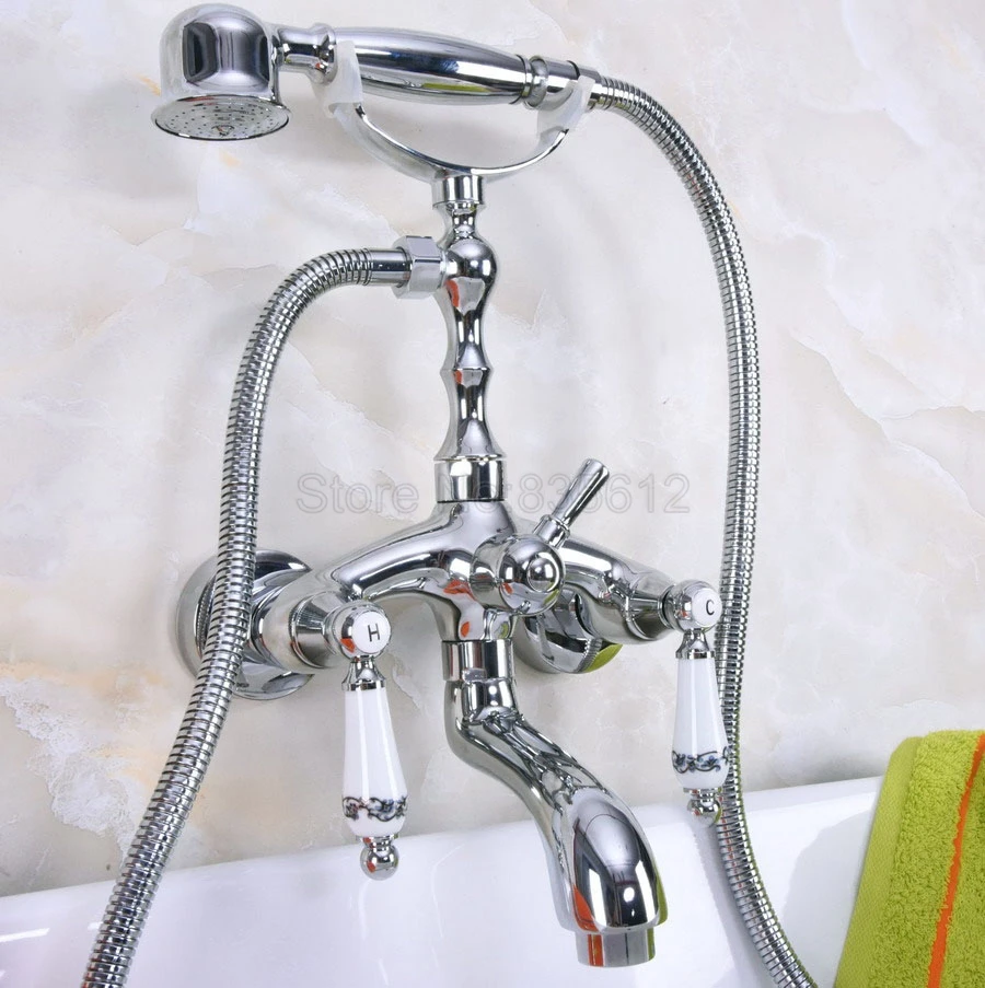 Polished Chrome Clawfoot Bathtub Faucet Set with Handheld Shower Dual Handles Mixer Taps Wall Mounted tna217
Polished Chrome Clawfoot Bathtub Faucet Set with Handheld Shower Dual Handles Mixer Taps Wall Mounted tna217