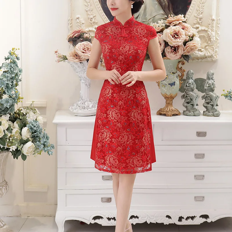 Chinese Lace Cheongsam Women Mini Dress Size S-2XL