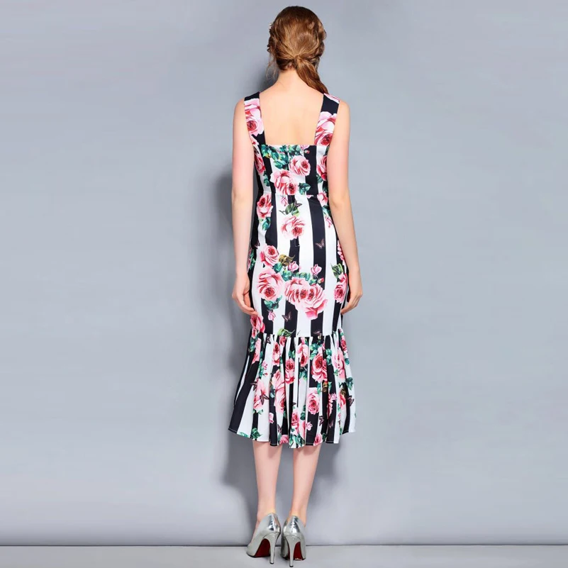 High Quality Designer Summer Dress Women Spaghetti Strap Sexy Stripe Floral Print Vintage Ruffles Sheath/Bodycon Mid-Calf Dress
High Quality Designer Summer Dress Women Spaghetti Strap Sexy Stripe Floral Print Vintage Ruffles Sheath/Bodycon Mid-Calf Dress
