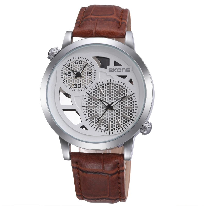 SKONE watches men creative men's dual-time display wristwatch leather strap analog sport quartz wrist watch waterproof | Наручные