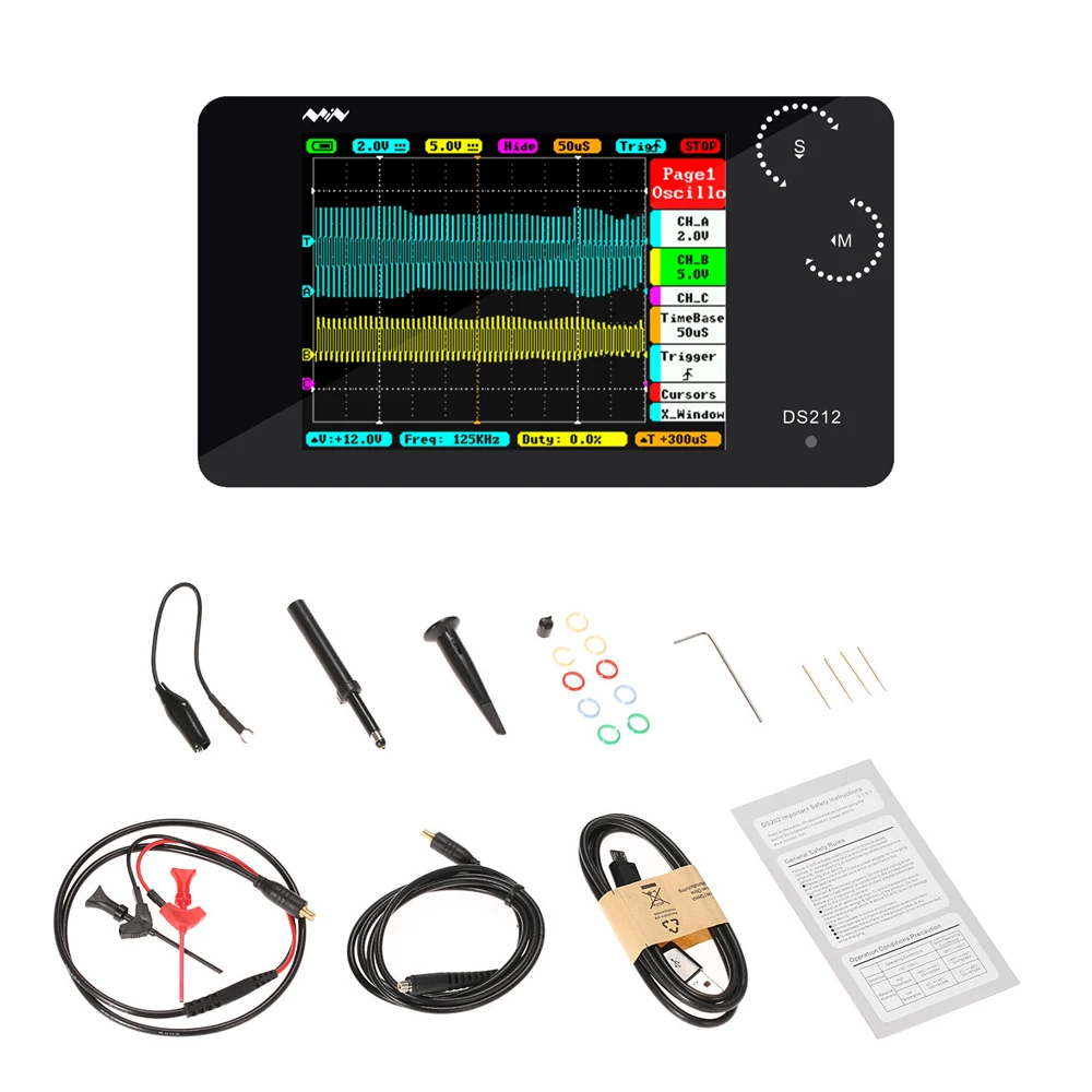 DS212 DSO Mini Digital Oscilloscope 2 CH logic analyzer USB oscilloscope 2.8" Full Color TFT 8MB Memory Storage 1MHz 10MSa/s
DS212 DSO Mini Digital Oscilloscope 2 CH logic analyzer USB oscilloscope 2.8" Full Color TFT 8MB Memory Storage 1MHz 10MSa/s