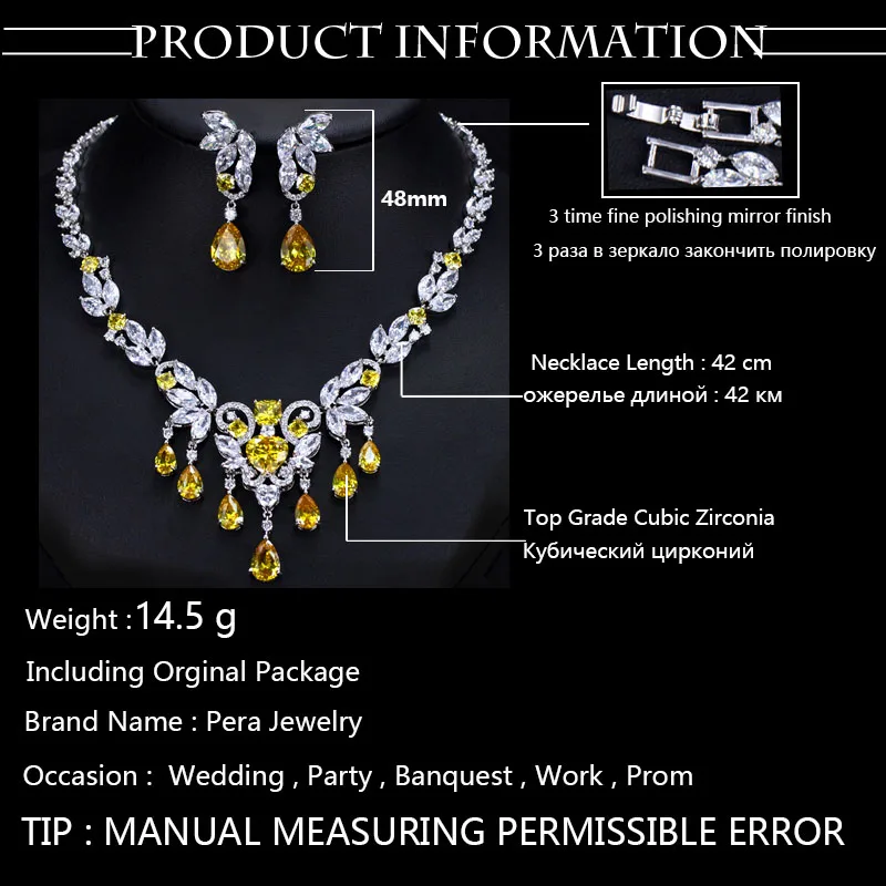 Pera Luxury African Women Wedding Jewelry Gift Yellow Cubic Zirconia Pave Big Tessal Drop Pendant Necklace And Earrings Set J245
Pera Luxury African Women Wedding Jewelry Gift Yellow Cubic Zirconia Pave Big Tessal Drop Pendant Necklace And Earrings Set J245