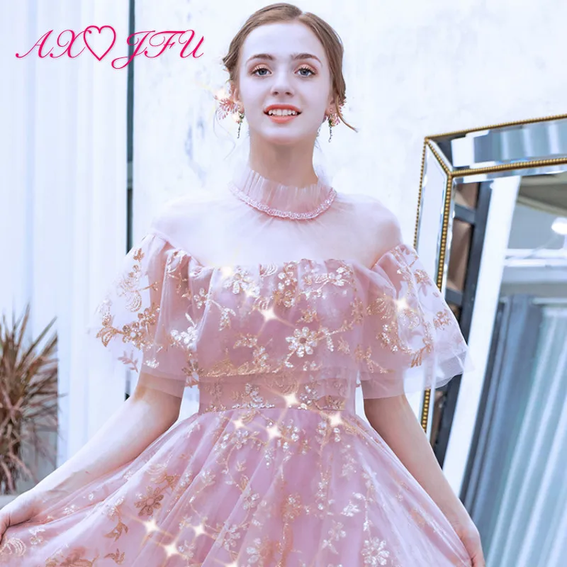 AXJFU princess pink lace evening dress vintage party high neck ruffles illusion beach beading gold power evening dress 9062
AXJFU princess pink lace evening dress vintage party high neck ruffles illusion beach beading gold power evening dress 9062
