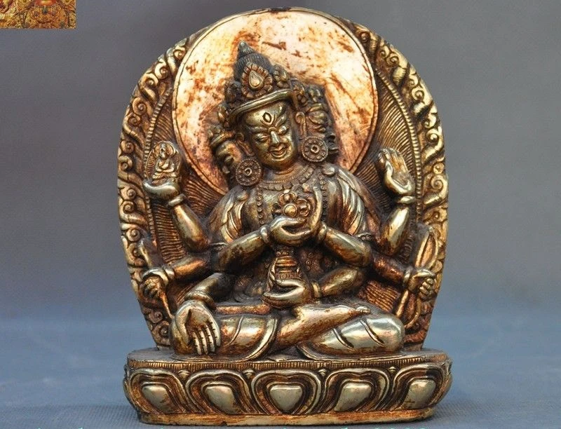 5"Tibet bronze 24k gold Gilt 3 head 8 arms Mahakala Wrathful Deity Buddha Statue
5"Tibet bronze 24k gold Gilt 3 head 8 arms Mahakala Wrathful Deity Buddha Statue