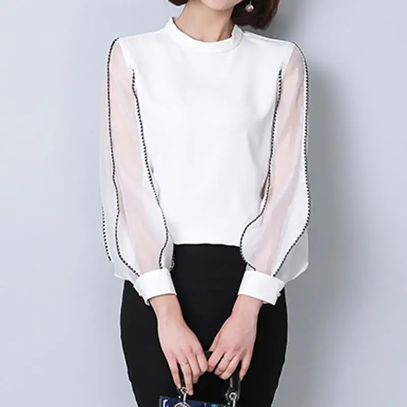 2018 Stand Collar Women Blouses Elegant Office Shirts Mesh Patchwork Blusas Women Spring Summer Clothing WS6348X
