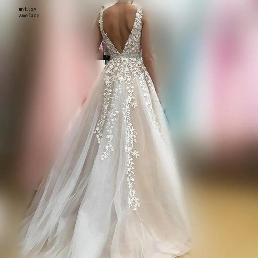 V Neck Cheap Wedding Dresses 2020 Champagne Floor Length Applique Open Back Sleeveless Backless Bridal Dress Vestido De Noiva
V Neck Cheap Wedding Dresses 2020 Champagne Floor Length Applique Open Back Sleeveless Backless Bridal Dress Vestido De Noiva