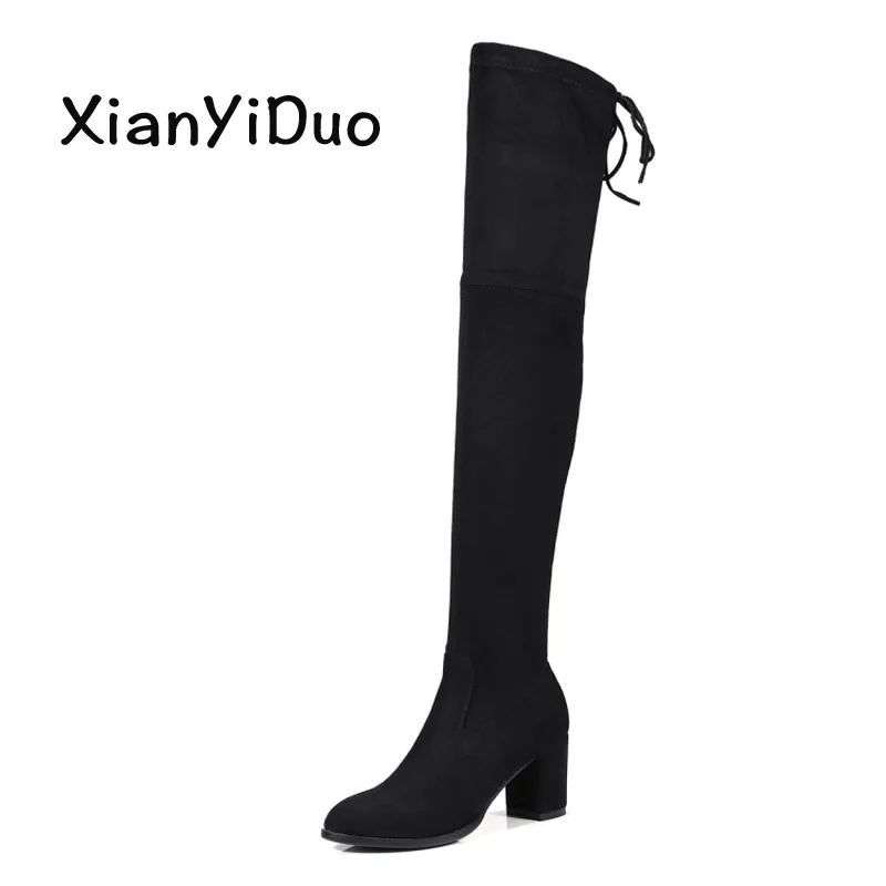 Xianyiduo/обувь женские ботфорты выше колена из эластичной замши на высоком тонком