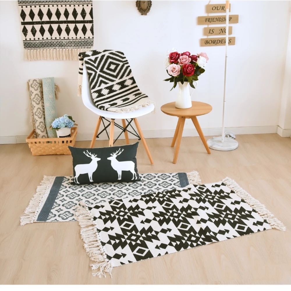 

Модные хлопковые черно-белые коврики RAYUAN, геометрический дверной коврик с бахромой, набивной ковер, ковер 60x90 см, 60x130CM