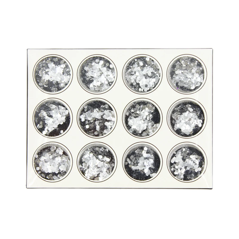 12pcs Silver color mix zise Hexagon Glitter Dust Sequin Set French Acrylic UV Gel Polish Tips Powder Sparkly Shiny 3D Nail Art | Красота и
