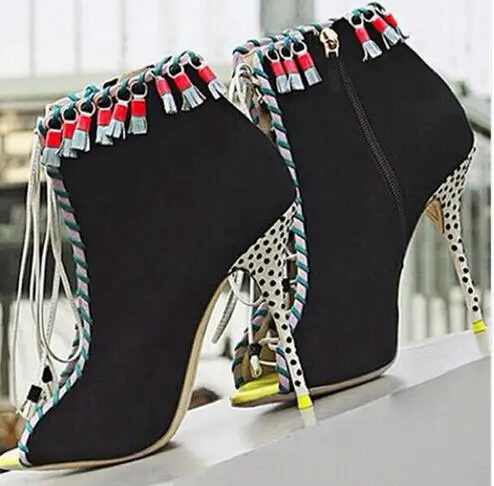 Newest Design Women Black Flock Leather Colorful Fringe Decoration Pumps Summer Peep Toe Lace Up Side Zipper High Thin Heels
Newest Design Women Black Flock Leather Colorful Fringe Decoration Pumps Summer Peep Toe Lace Up Side Zipper High Thin Heels