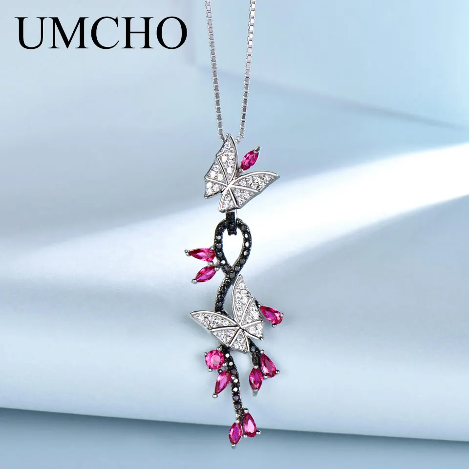 

UMCHO 925 Sterling Silver Butterfly Natural Gemstone Black Spinel Ruby Romantic Pendants Necklaces For Women Fine Jewelry