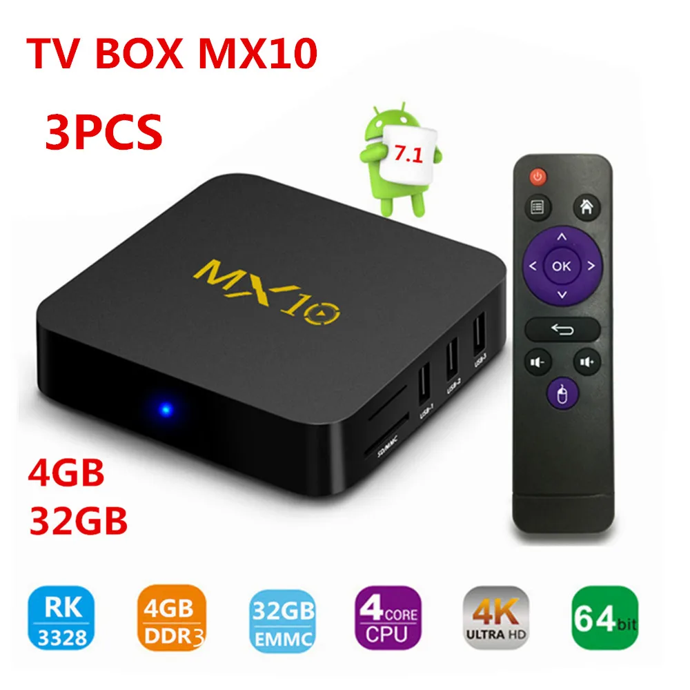 Фото Приставка для ТВ 3 шт. MX10 Android 7 1 4 ГБ (DDR3) 32 tv box поддержка 2 г Wi-Fi подключен 64bit Quad-Core 3D