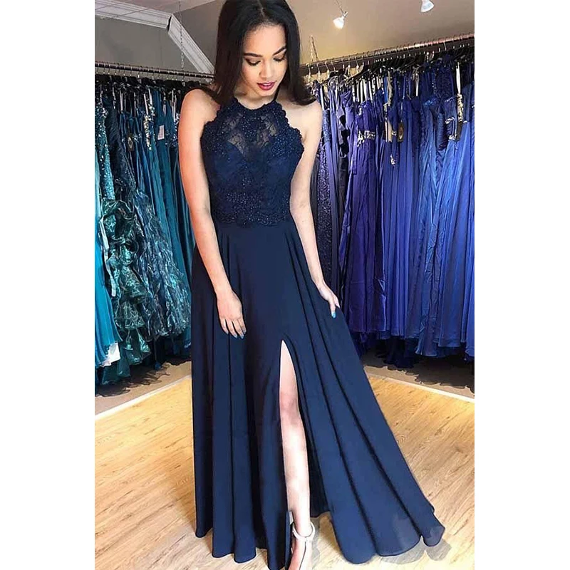 Navy Blue Long Prom Dresses 2019 New Sleeveless Halter Neck Beading Lace Split Side Formal Evening Dress Party Gowns
Navy Blue Long Prom Dresses 2019 New Sleeveless Halter Neck Beading Lace Split Side Formal Evening Dress Party Gowns