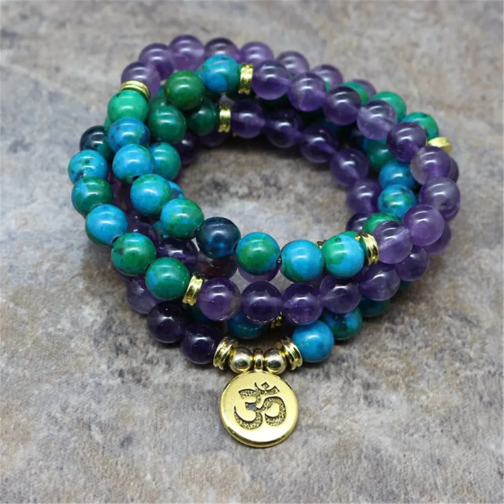 New Style Crystal &Chrysocolla 8mm Beads 108 Bracelet Golden OM Lotus Charm Energy Crystal Yoga Mala Healing Necklace Wholesale
New Style Crystal &Chrysocolla 8mm Beads 108 Bracelet Golden OM Lotus Charm Energy Crystal Yoga Mala Healing Necklace Wholesale