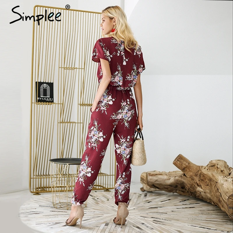 Simplee Vintage floral print boho jumpsuit romper V neck short sleeve casual Long sash summer women overalls | Женская одежда