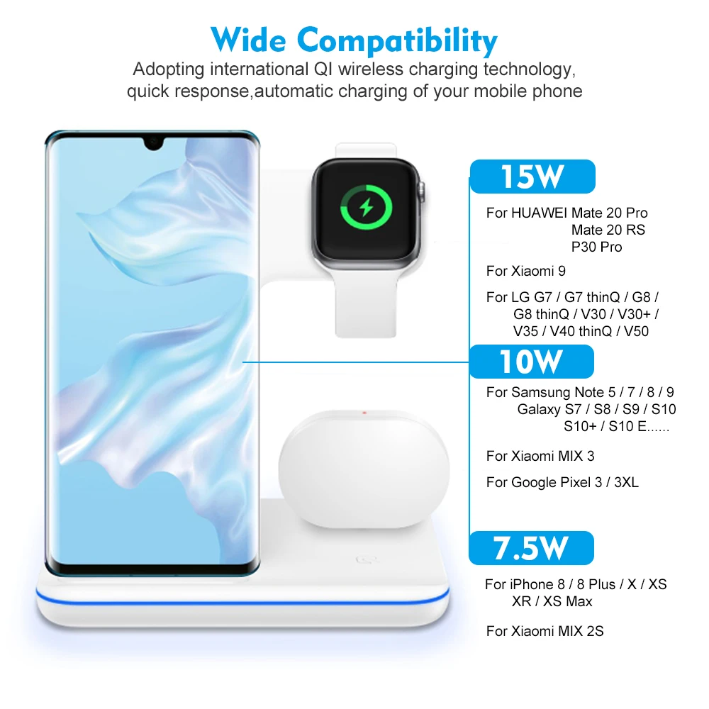 Qi 15W Wireless 3 in 1 Stand Station Charger For Apple Watch 5 4 2 Iphone 11 Pro Max XS MAX XR 8 Plus X Iwatch Airpods |