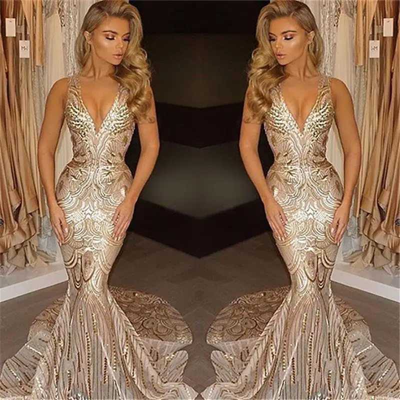 

FATAPAESE Champagne Gold Sequin Mermaid Prom Dresses 2019 Sexy V Neck Long Party Dresses Evening Gowns robe de soiree longue