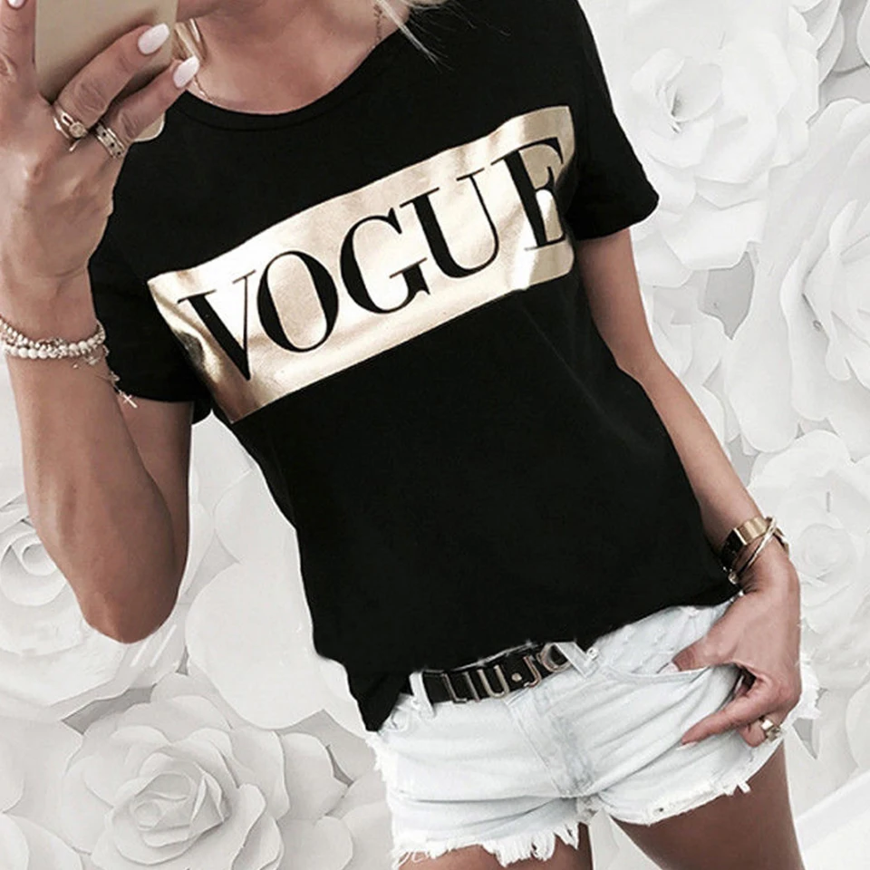 Vogue Letters T-Shirt Women Tops Summer Vetement Femme 2021 Gold Print Black And White T Shirt Cotton T Shirt Short Sleeve Dames
Vogue Letters T-Shirt Women Tops Summer Vetement Femme 2021 Gold Print Black And White T Shirt Cotton T Shirt Short Sleeve Dames