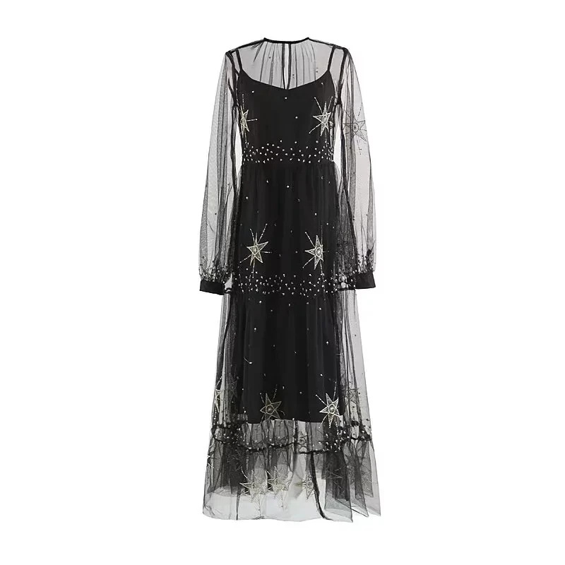 Vestido Longo Rushed Vestido De Festa 2018 Summer New Star Embroidery Five-pointed Long-sleeved Perspective Mesh Dress Female
Vestido Longo Rushed Vestido De Festa 2018 Summer New Star Embroidery Five-pointed Long-sleeved Perspective Mesh Dress Female