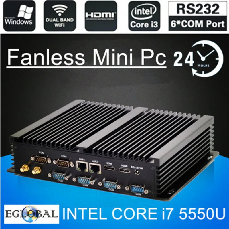 EGLOBAL 3 года гарантии безвентиляторный промышленный мини ПК Barebone Intel Core i3 5005U / i5 4200U