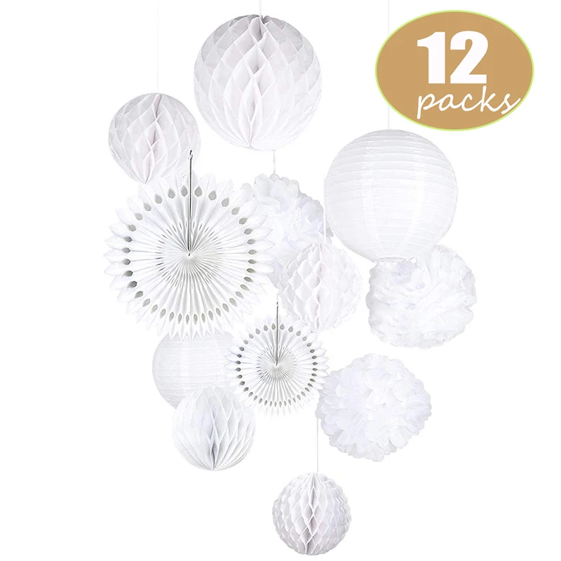 12 Pcs Mix Size White Paper Lantern Tissue Paper Honeycomb Balls Hanging Pom Poms Paper Cutout Fans for Wedding Party Decoration
12 Pcs Mix Size White Paper Lantern Tissue Paper Honeycomb Balls Hanging Pom Poms Paper Cutout Fans for Wedding Party Decoration