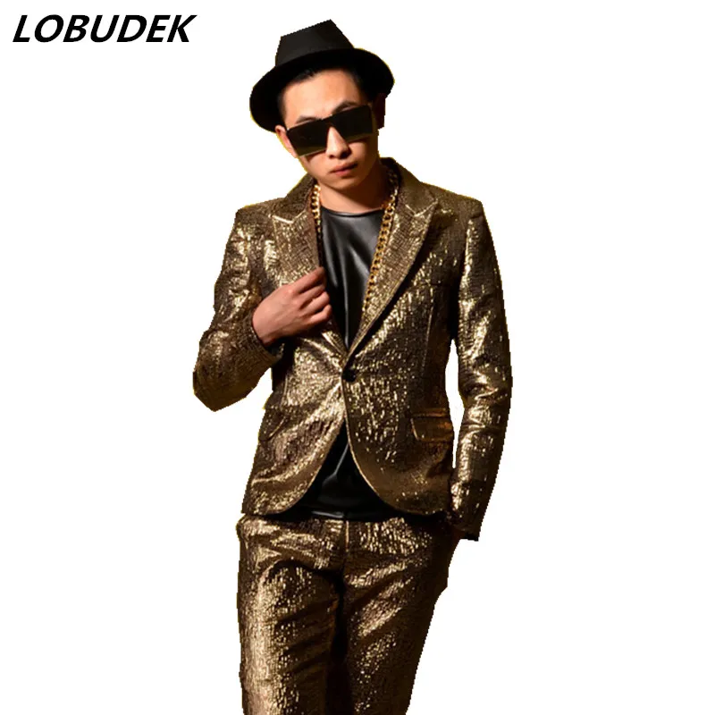

Gold Men Suits Tide Male Nightclub Bar Singer Costume Vocal Concert Punk Rock Dancer Star Host Performance Stage Outfit Clothing