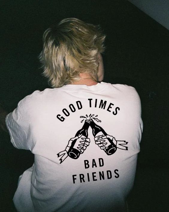 Футболка Good Time Bad Friends Мужская в летнем стиле эстетичная с принтом Tumblr белая