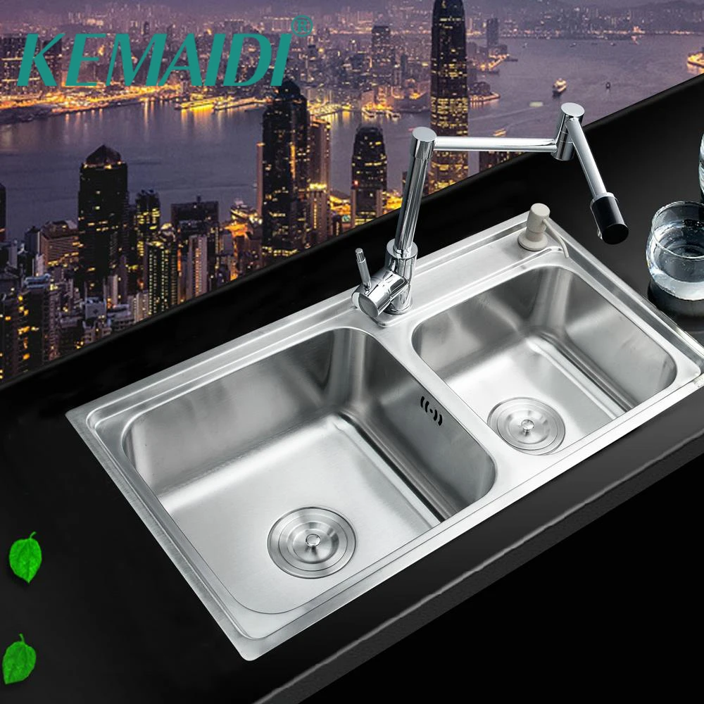 

KEMAIDI Kitchen Sink Stainless Steel Vessel Kitchen Washing Dishes Double Bowl Brass Swivel Kitchen Sink Faucet Kitchen Set