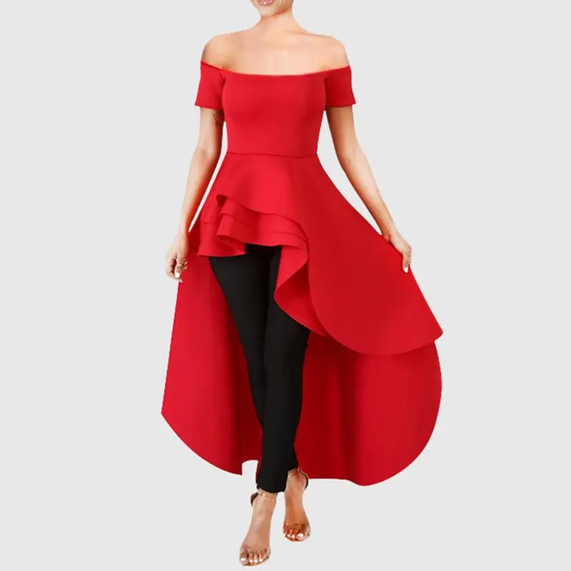 Фото Женская Длинная блузка с рюшами и открытой спиной красные вечерние Блузы