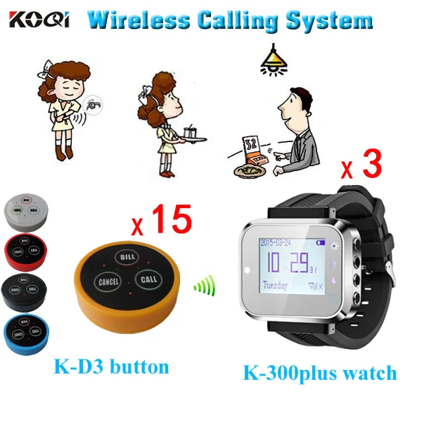A Set Low Price Wireless Waiter Call System of 15pcs K-D3-Y Table Bell And 3 K-300plus-black Watch Receiver
A Set Low Price Wireless Waiter Call System of 15pcs K-D3-Y Table Bell And 3 K-300plus-black Watch Receiver