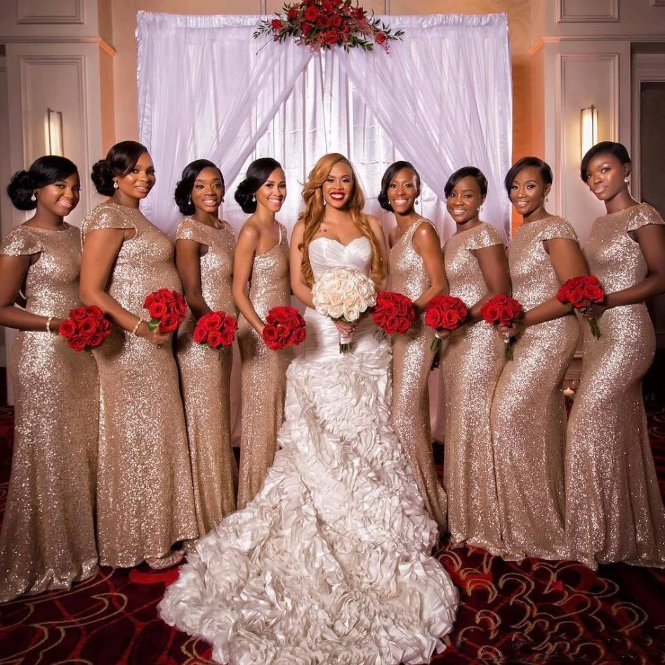 Rose Gold Sequined Long Bridesmaid Dresses Jewel Short Capped Sleeves Mermaid Party Gowns Back Zipper Sweep Train Custom Made
Rose Gold Sequined Long Bridesmaid Dresses Jewel Short Capped Sleeves Mermaid Party Gowns Back Zipper Sweep Train Custom Made