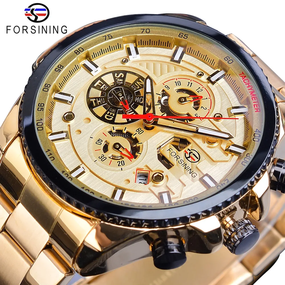 Forsining Golden Automatic Mechanical Mens Watch Racing Sports Design 3 Dials Multifunction Date Stainless Steel Band Wristwatch
Forsining Golden Automatic Mechanical Mens Watch Racing Sports Design 3 Dials Multifunction Date Stainless Steel Band Wristwatch