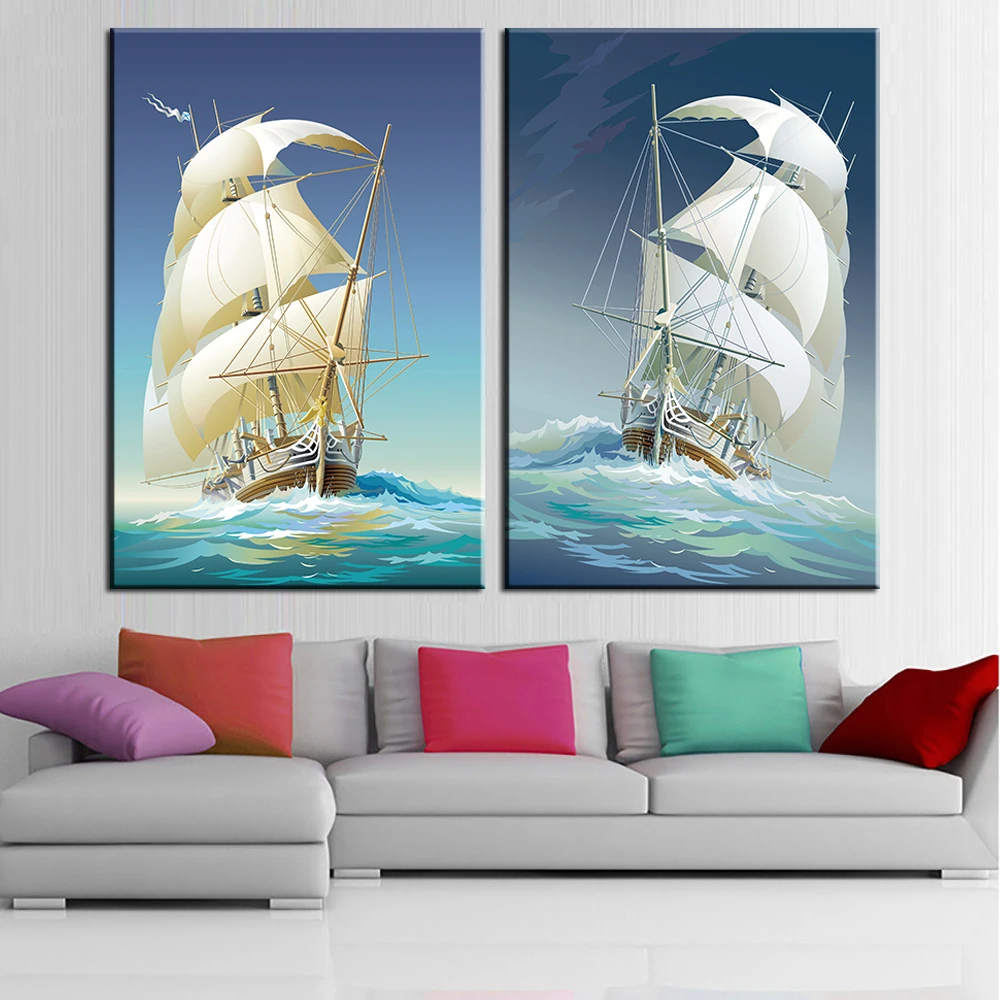 Modular Frameless Oil Painting Modern Print Art of Seascape Sailing on The Sea Canvas Home Decoration for Room Decor 2 Panal | Дом и сад