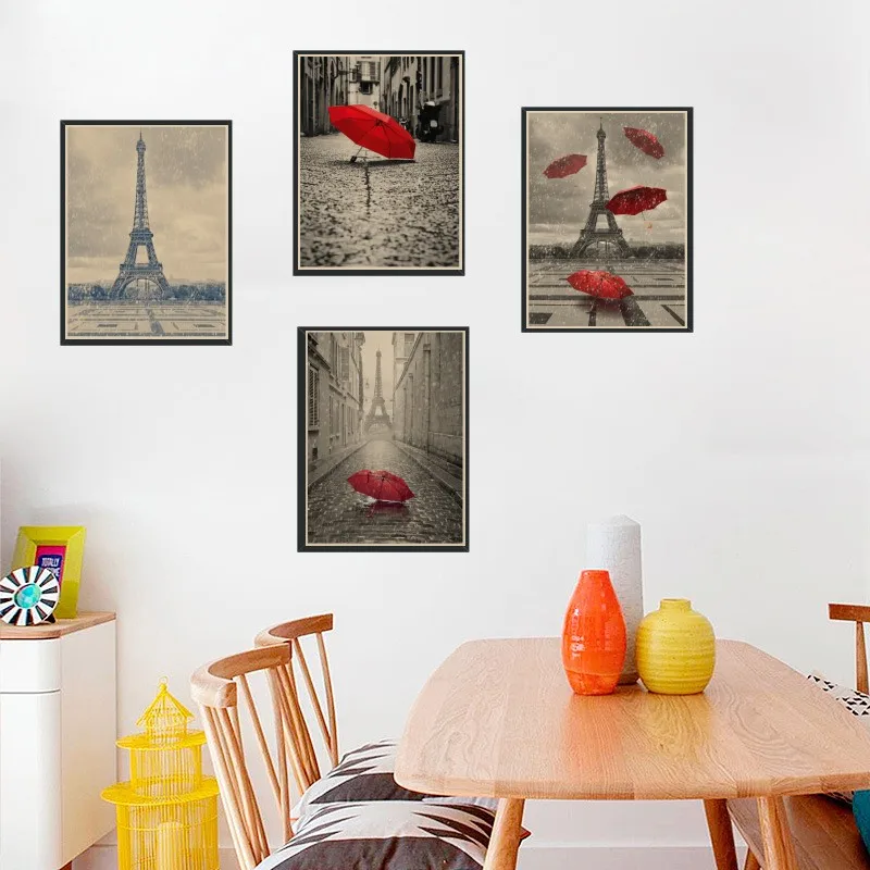 

Eiffel Tower with Red umbrella on Paris Street Poster Kraft Paper vintage Posters Wall Sticker Living Room Bar Cafe Decor