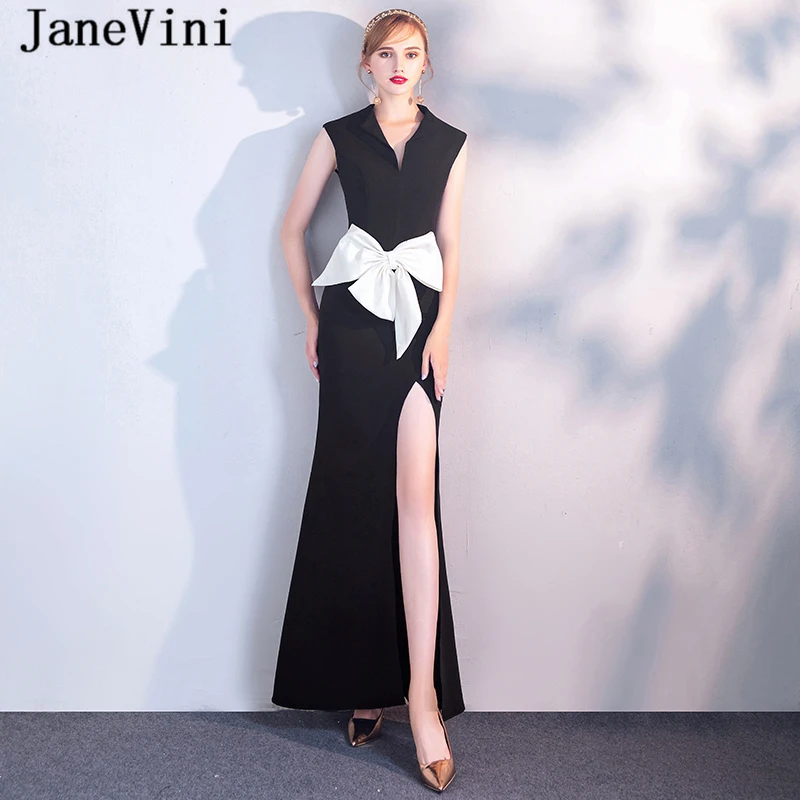 JaneVini Simple Black Long Bridesmaid Dresses Mermaid V Neck Big Bow High Split Satin Ankle Length Zipper Back Robe Soiree Fille
JaneVini Simple Black Long Bridesmaid Dresses Mermaid V Neck Big Bow High Split Satin Ankle Length Zipper Back Robe Soiree Fille