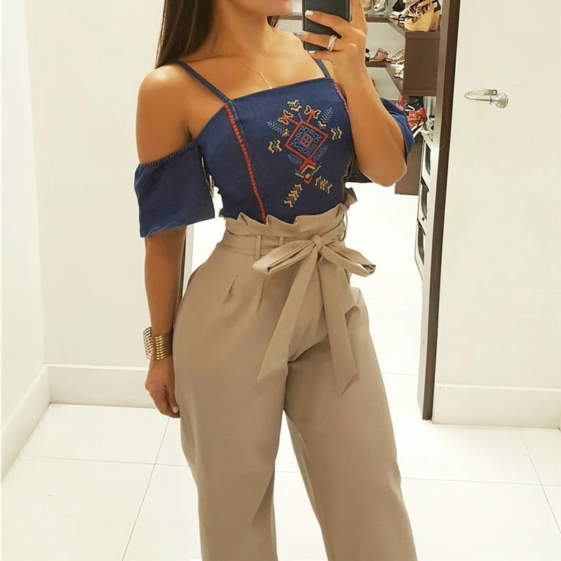 Women Loose Solid Color Self-tie Drawstring Wide Leg Pants AM0447
