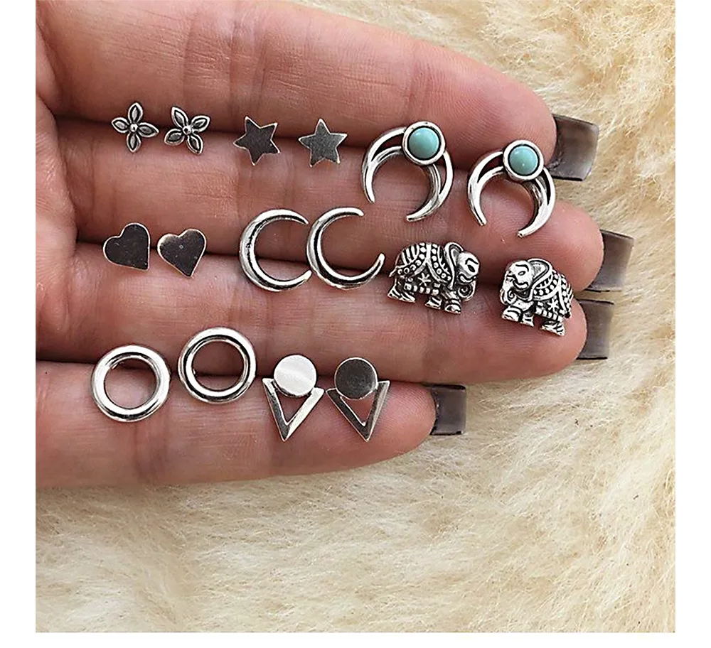 Antique Silver color Round circle Moon Elephant Heart Flower Star Geometric Stud Earrings Set Fashion Women Boho Jewelry
Antique Silver color Round circle Moon Elephant Heart Flower Star Geometric Stud Earrings Set Fashion Women Boho Jewelry