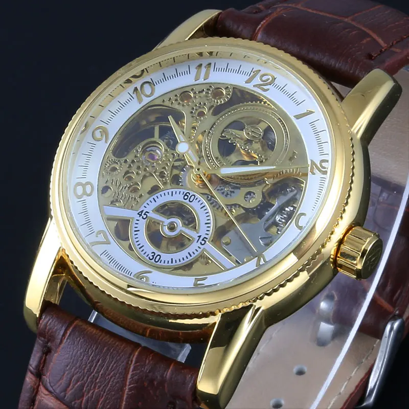 

Top brand WINNER Watches Classic Mens AUTO automatic Mechanical Watch Self-Winding Analog Skeleton Brown Leather Man Wristwatch