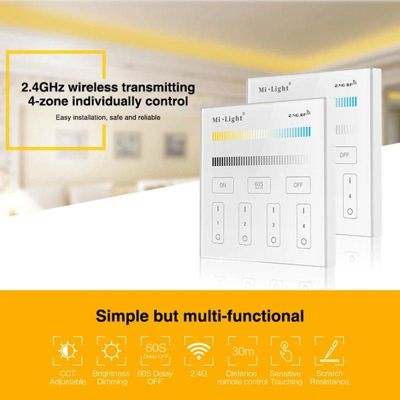 Milight T2 220V 4-Zone CCT Adjust Smart Panel Remote Controller color temperature and brightness for led strip light bulb
Milight T2 220V 4-Zone CCT Adjust Smart Panel Remote Controller color temperature and brightness for led strip light bulb