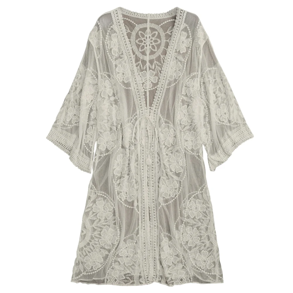 

ZAFUL Women Sheer Lace Tie Front Kimono Cover Up Sunscreen Blouse Embroidered Cover Up Floral Thru See Through Cotton Summer