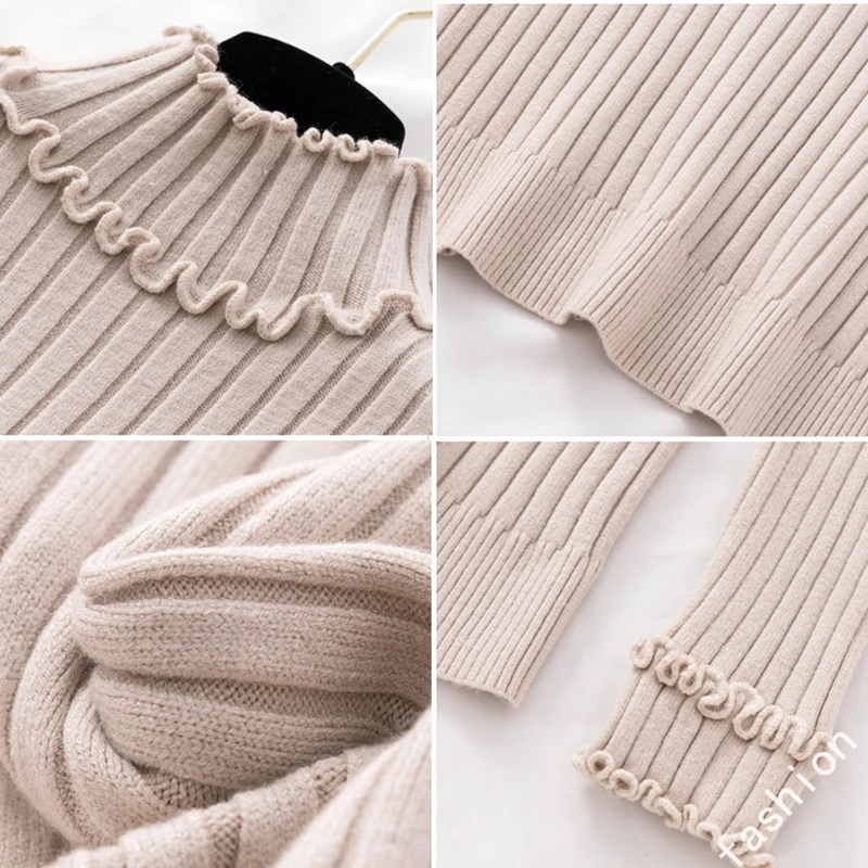 Maglie donna invernali Autumn Winter Women Pullover Sweaters Turtleneck Long Sleeve Ruffled Slim Chandail Femme Sweater damski | Женская